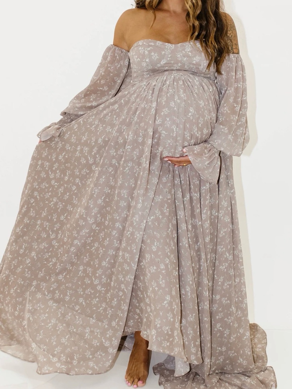 Off-Shoulder Maxi Maternity Dress in Dusty Taupe Floral